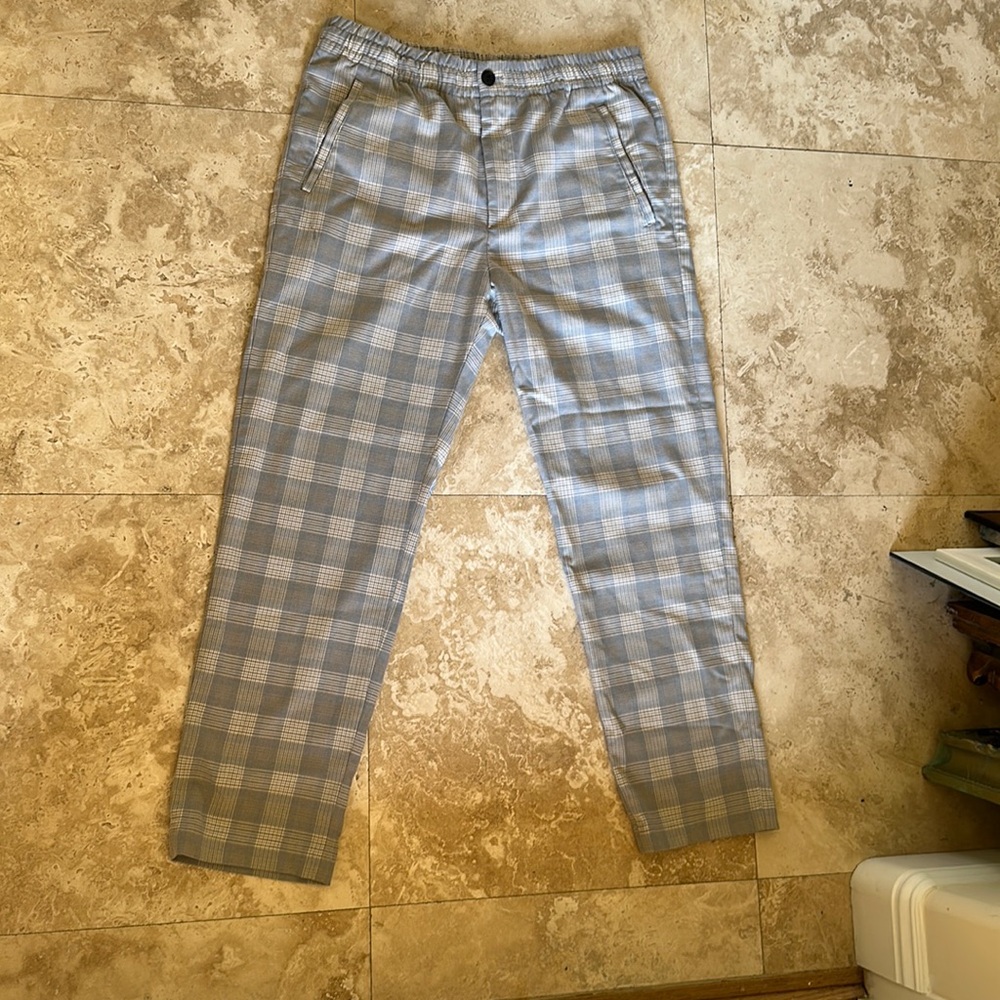 H&M plaid light blue, tan, and white. baggy nice business casual